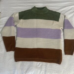 Lush Striped Turtleneck Sweater in Olive, Cream, Lavender & Brown